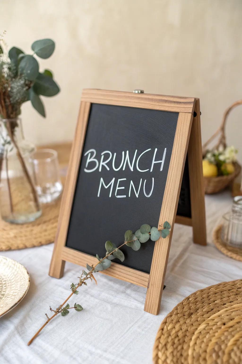 Embrace rustic elegance with a charming chalkboard menu for your next brunch.