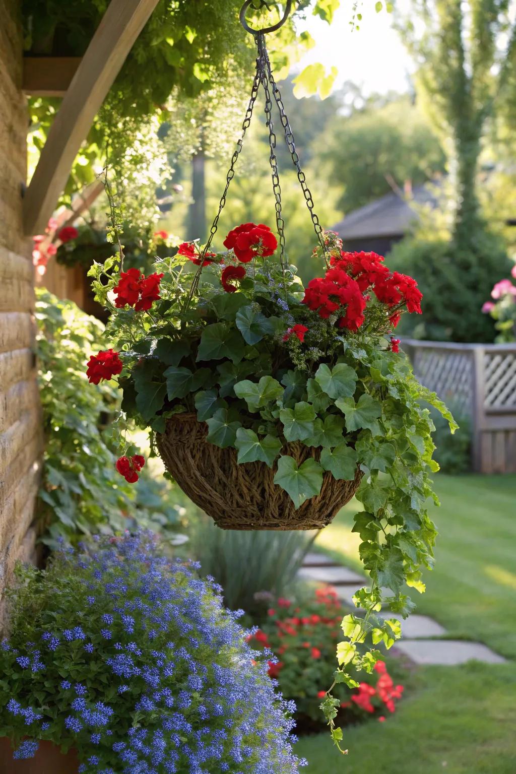 Classic charm with geraniums, ivy, and lobelia.