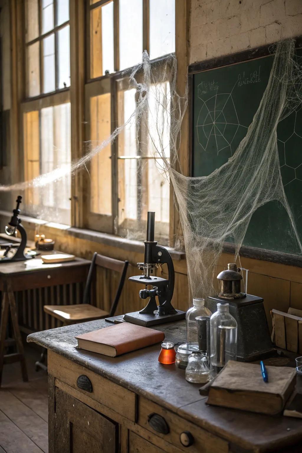 A spooky classroom corner transformed into a mad scientist's lab.