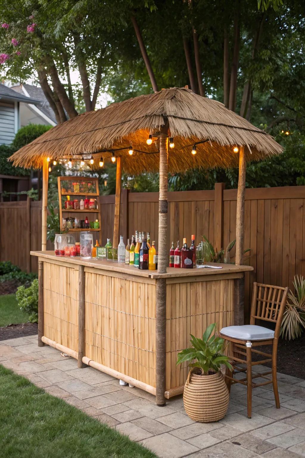 A homemade tiki bar serves as the heart of your Hawaiian celebration.