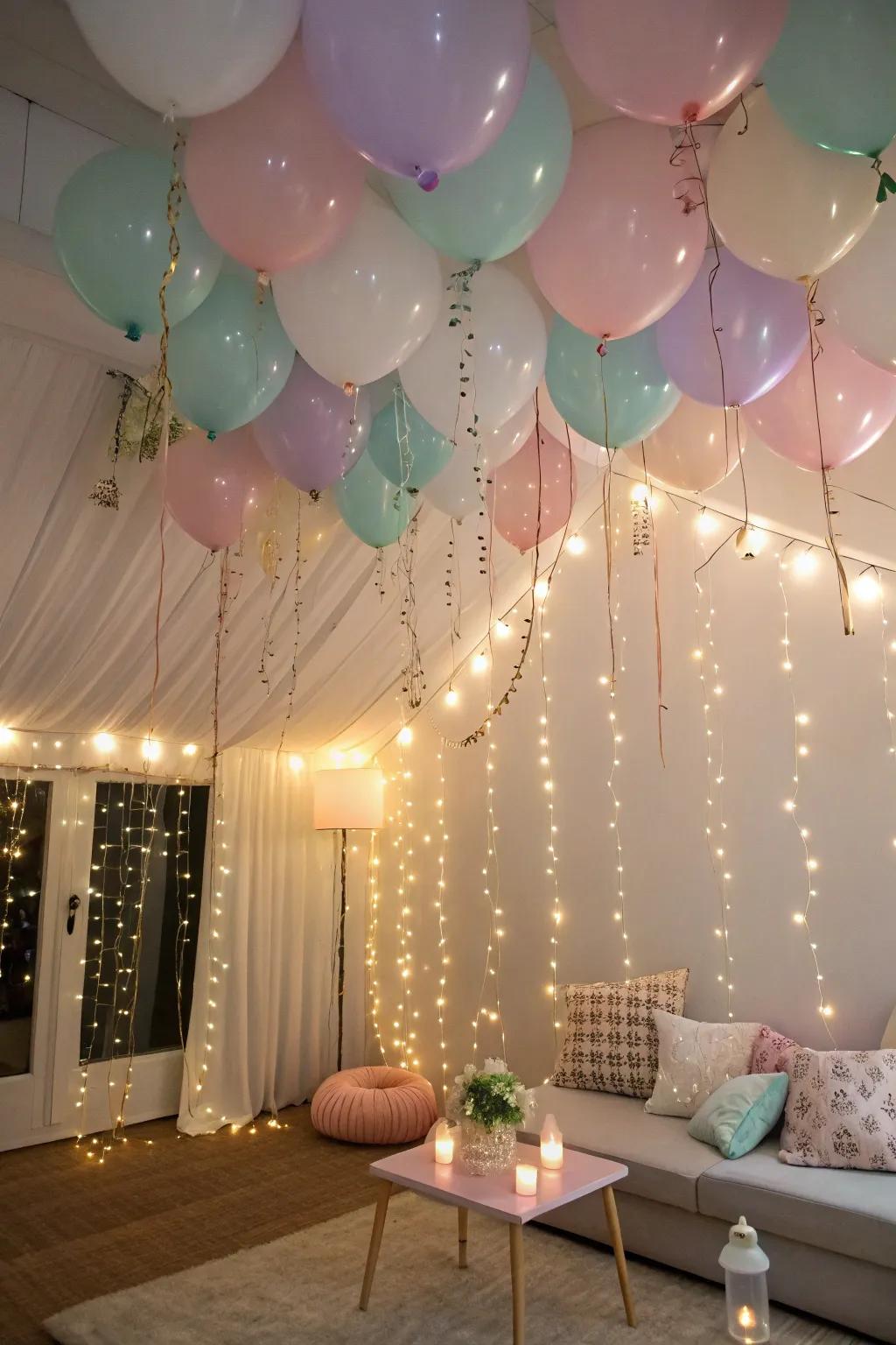 A magical helium balloon canopy with twinkling lights.