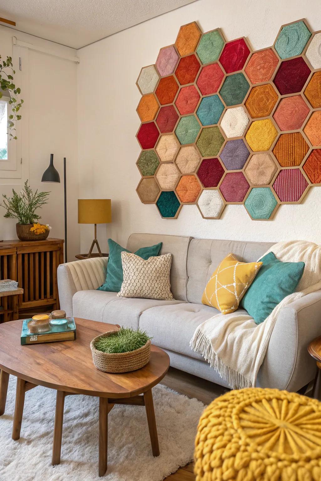 Hexagonal wall art adds a pop of creativity to any room.