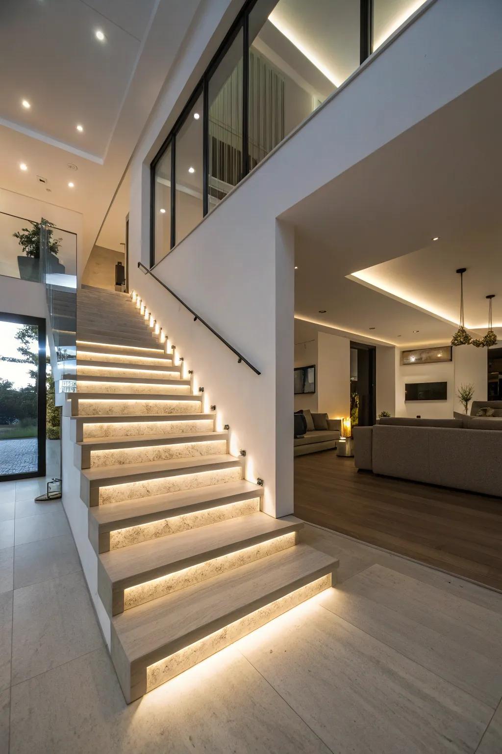 A staircase with hidden LED lights under each step.