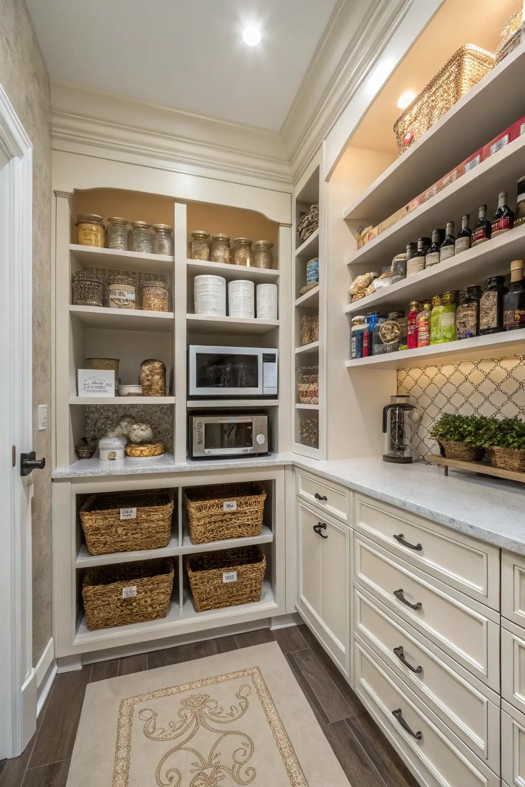 A pantry can be a perfect spot for a hidden microwave, keeping the kitchen clutter-free.