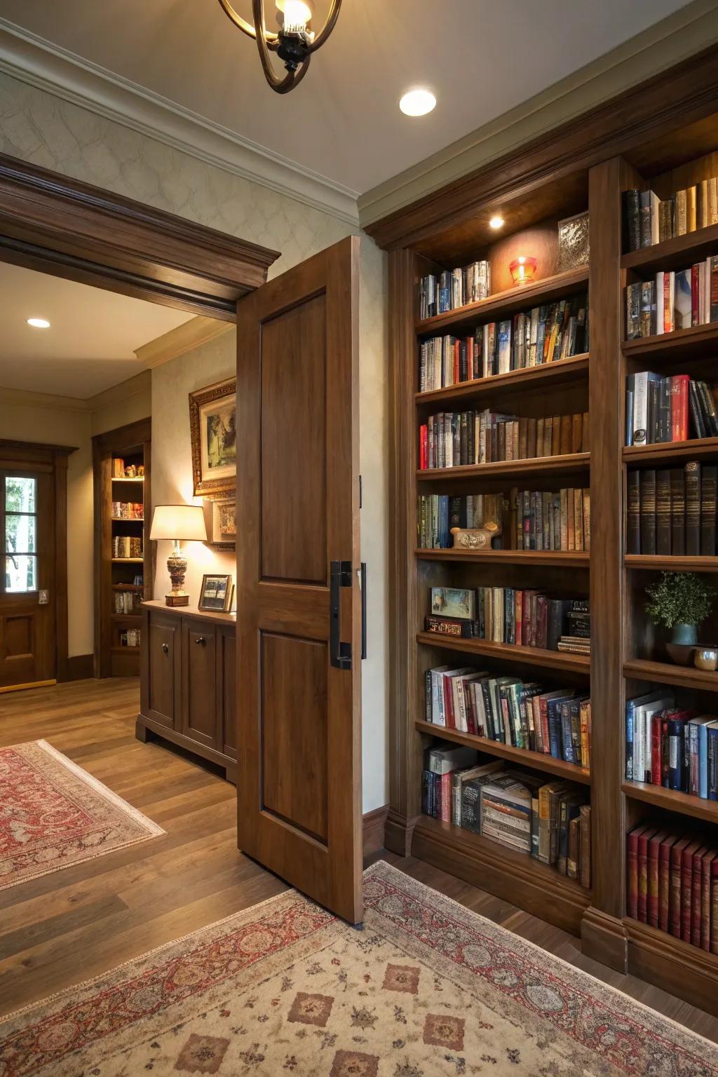 A hidden pocket door masquerading as a bookshelf in a home library.