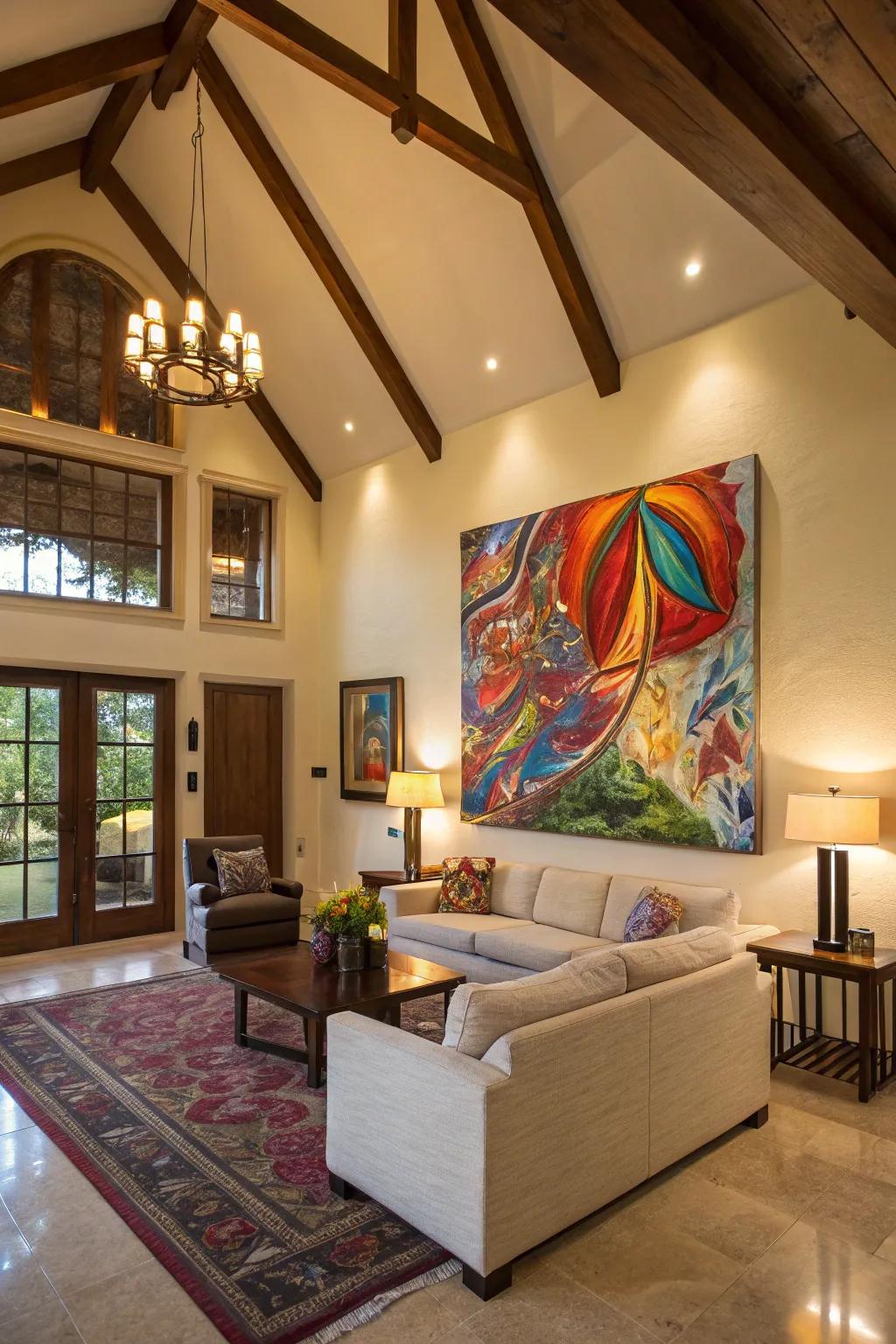 Tall artwork brings a gallery feel to high-ceilinged living spaces.