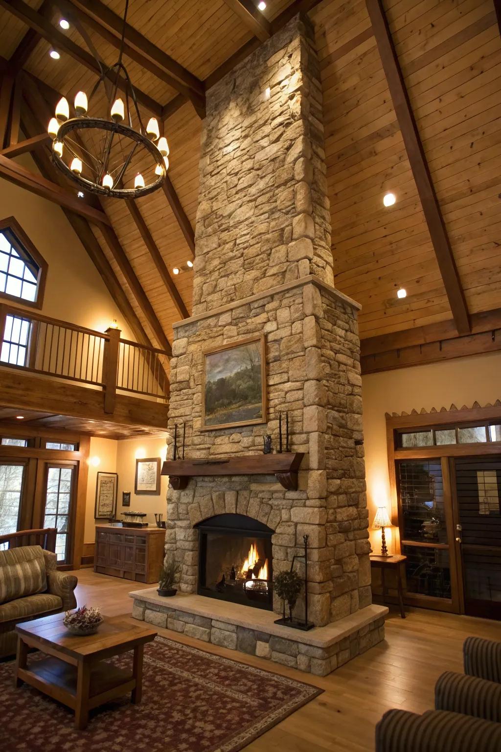 A stacked stone fireplace adding rustic charm to a high-ceiling room.