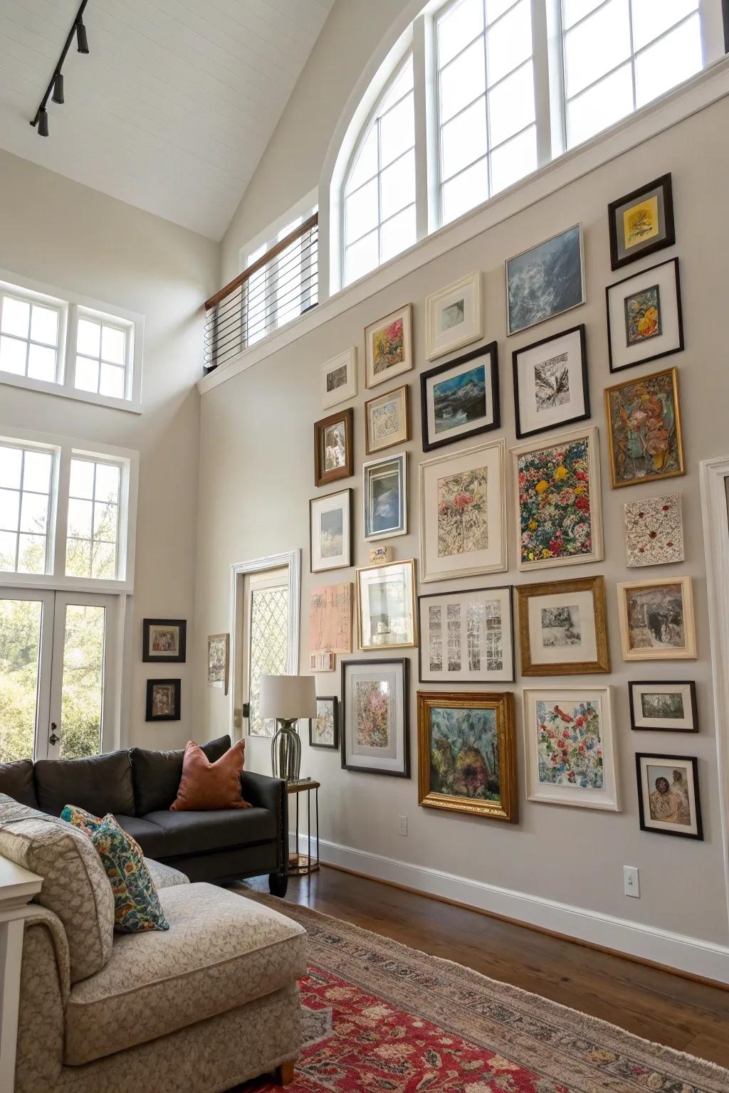 A gallery wall adds character and a personal touch to tall spaces.