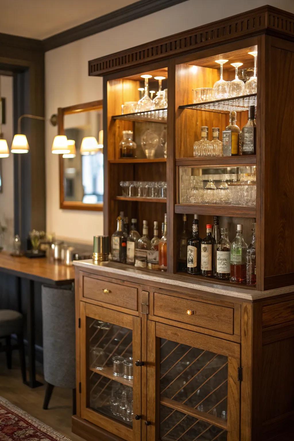 A vintage cabinet makes for a charming and practical home bar.