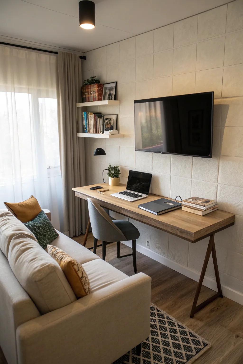 A floating desk creates an open, airy workspace.