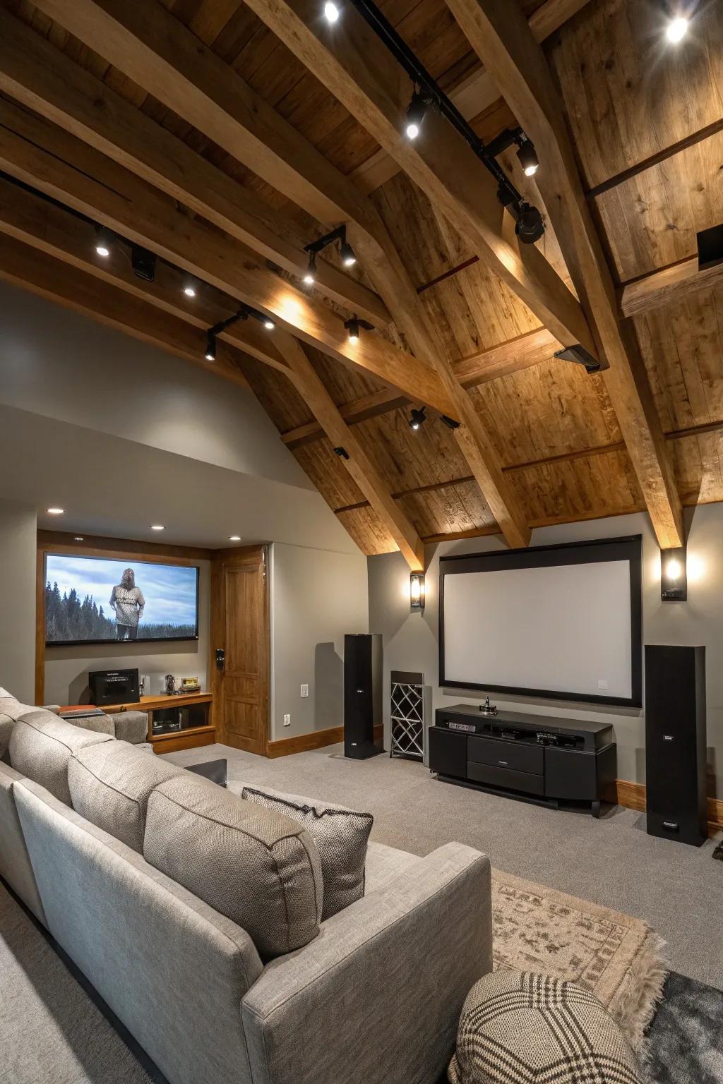 Wooden beams add rustic charm to contemporary home theaters.