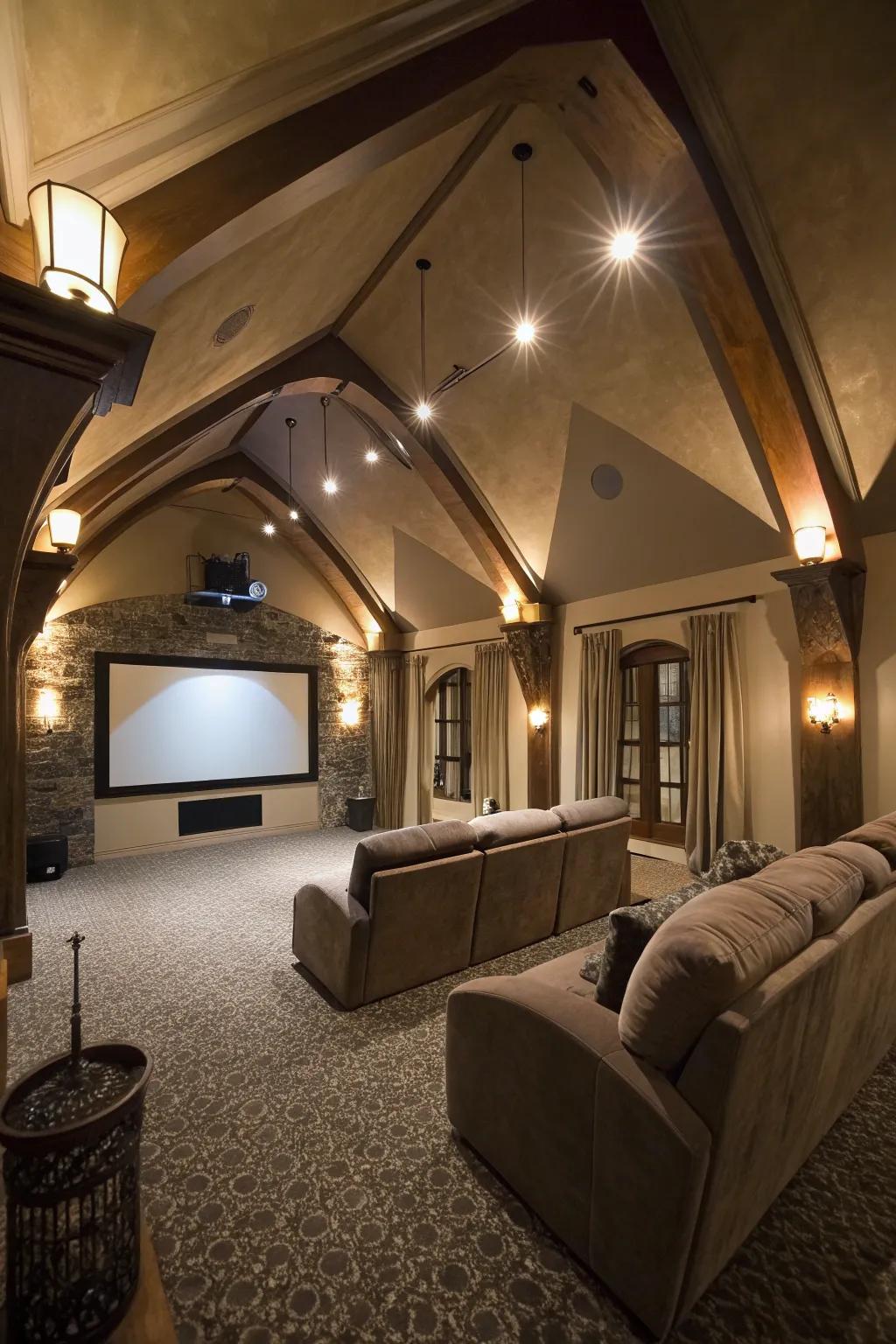 A uniquely designed ceiling can enhance both the look and sound of your home theater.