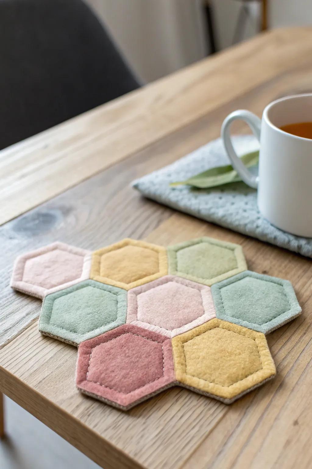 Elevate your coffee table with the charm of handmade felt honeycomb coasters.