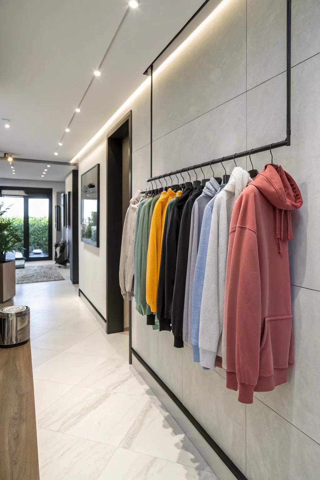 Wall-mounted racks serve as both storage and decor for your hoodies.