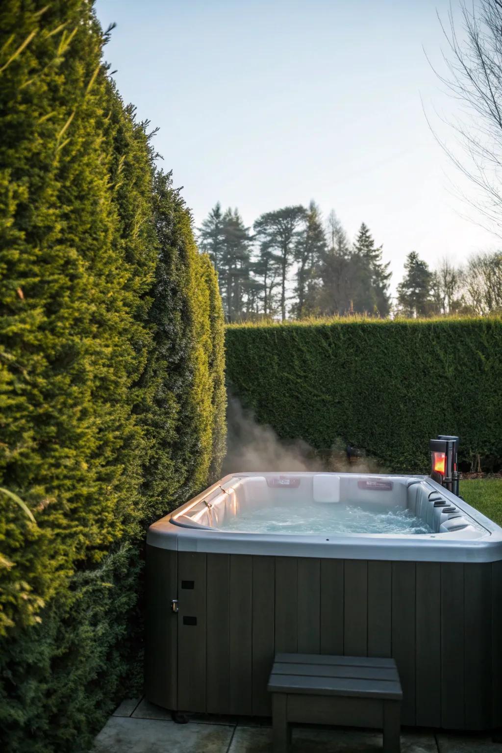 Evergreen hedges offer privacy and beauty around a hot tub.