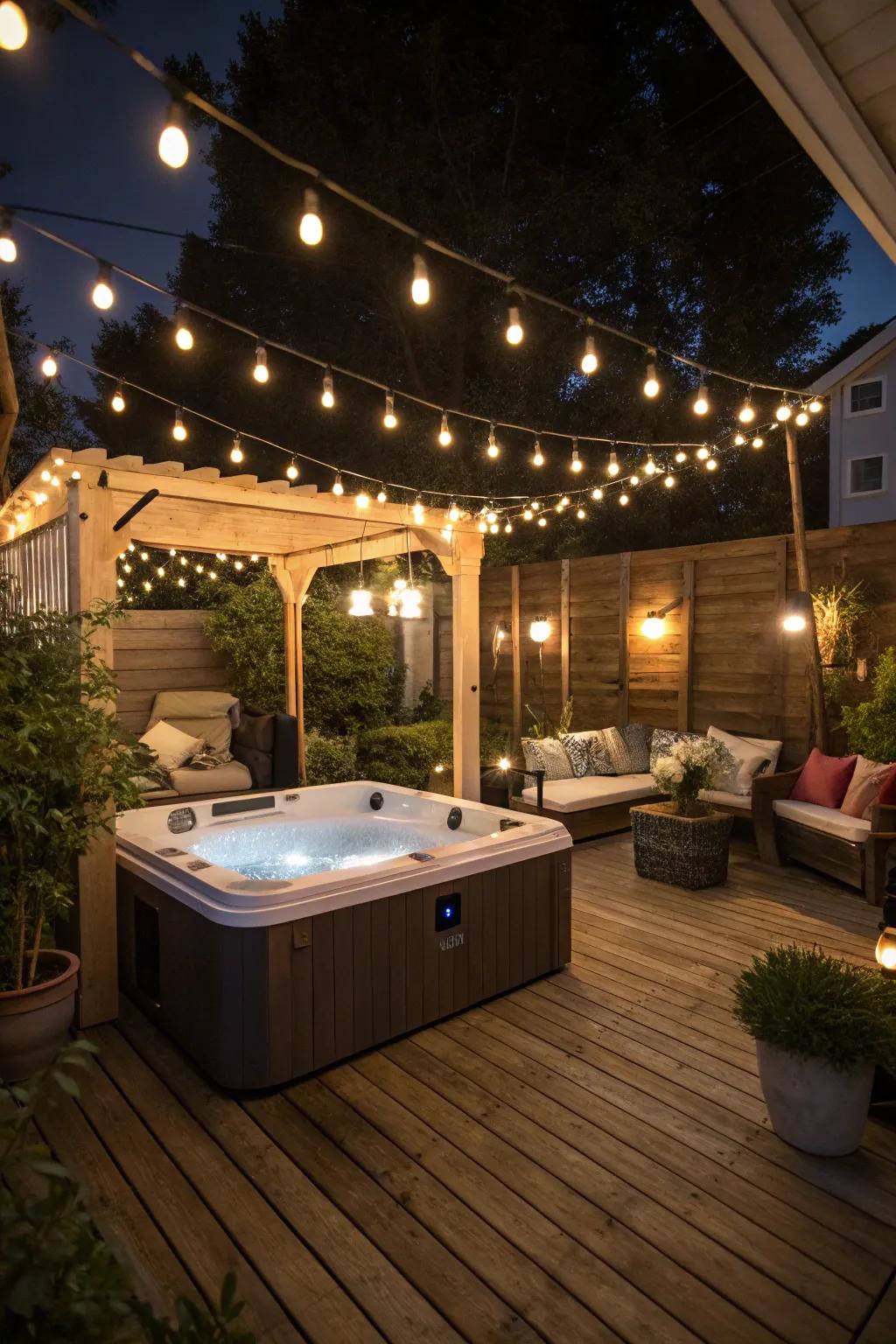 Set the mood with ambient lighting for a magical nighttime soak.