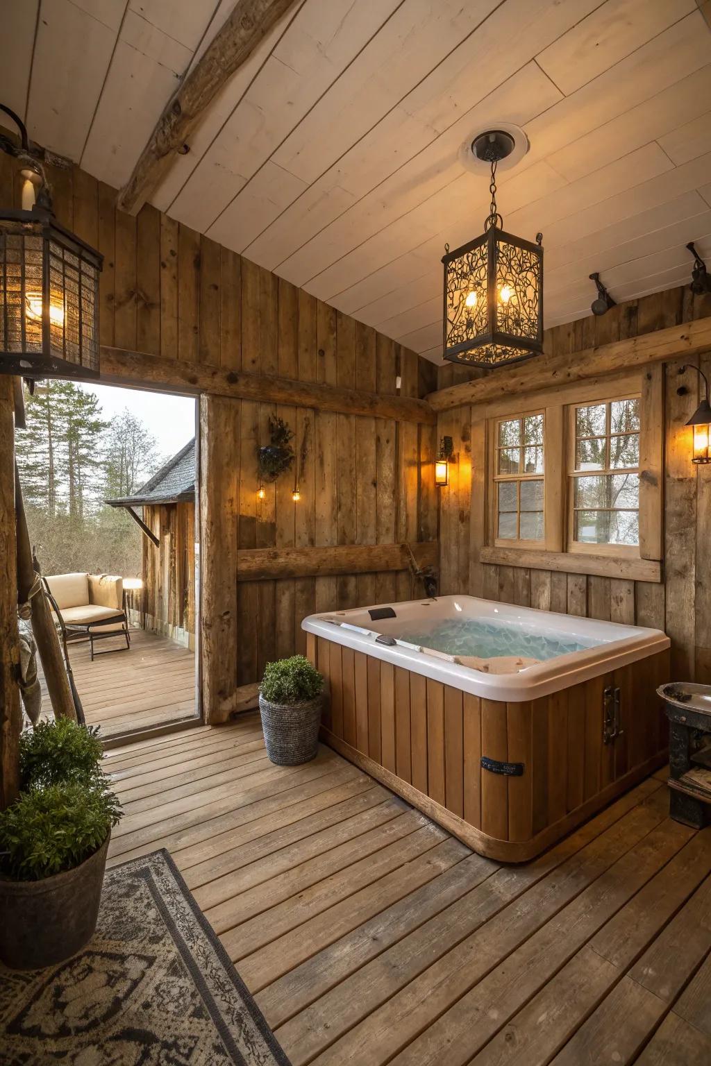 A rustic hot tub room that exudes warmth and charm.