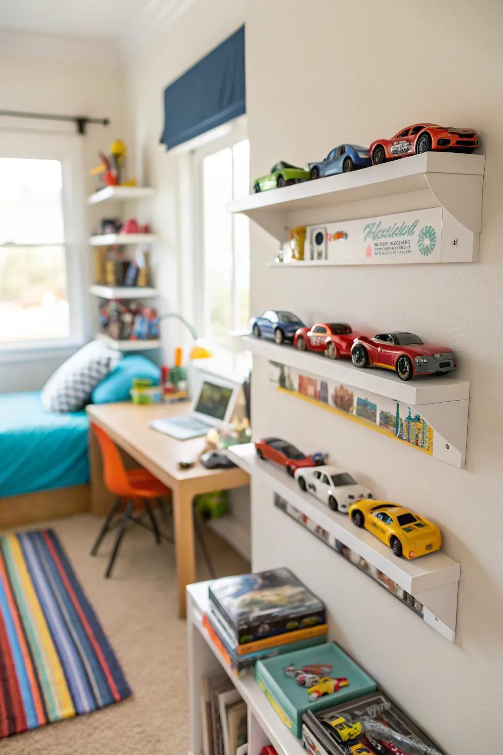 Wall-mounted shelves turn Hot Wheels collections into art.