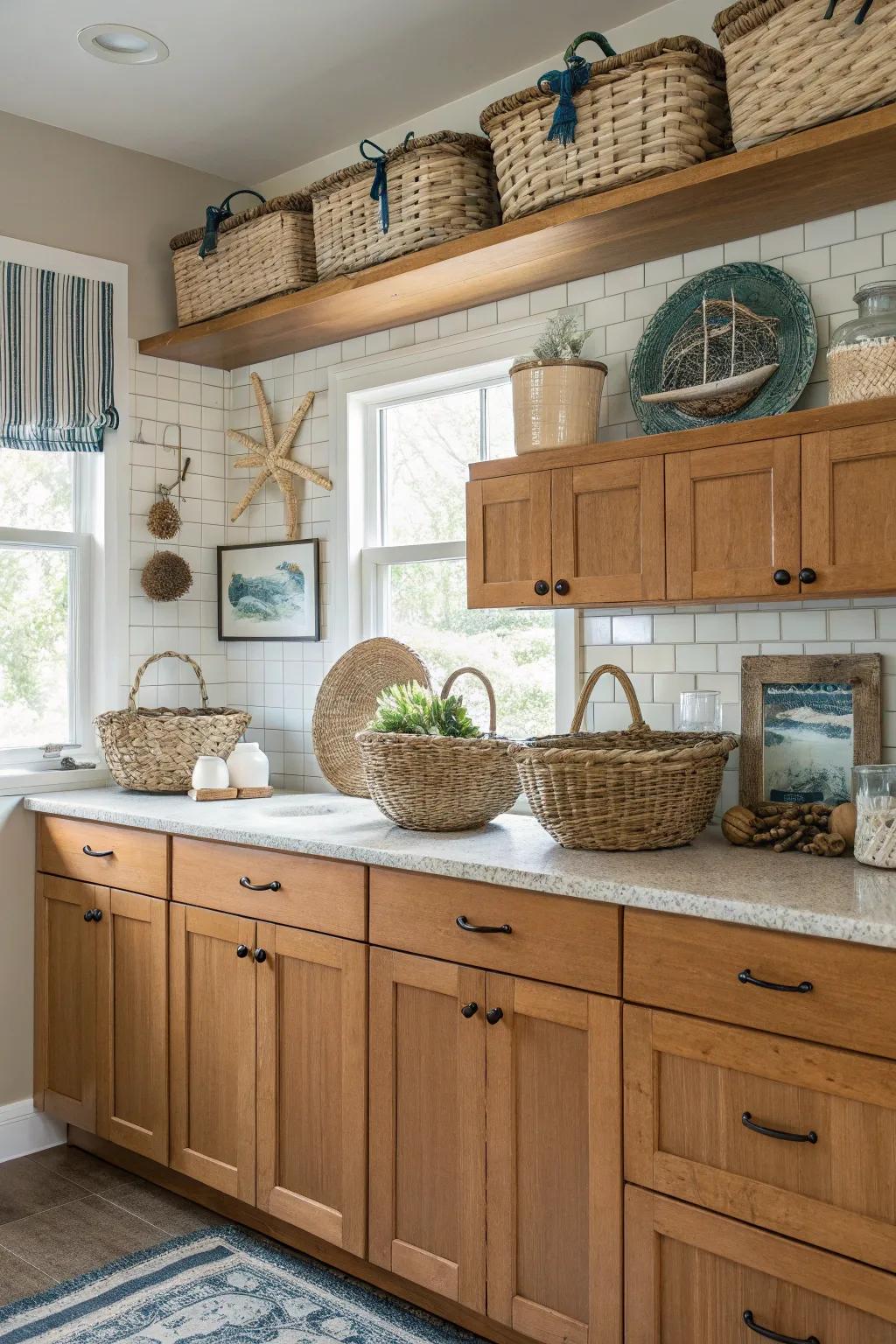 Coastal baskets bring a relaxed vibe to the kitchen decor.