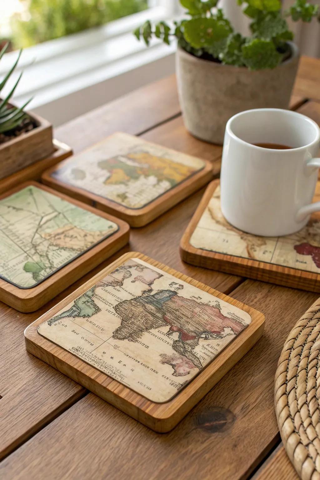 Travel the world from your living room with vintage map coasters.