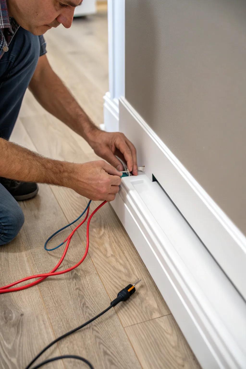 Master the art of cable management with a sleek baseboard solution.