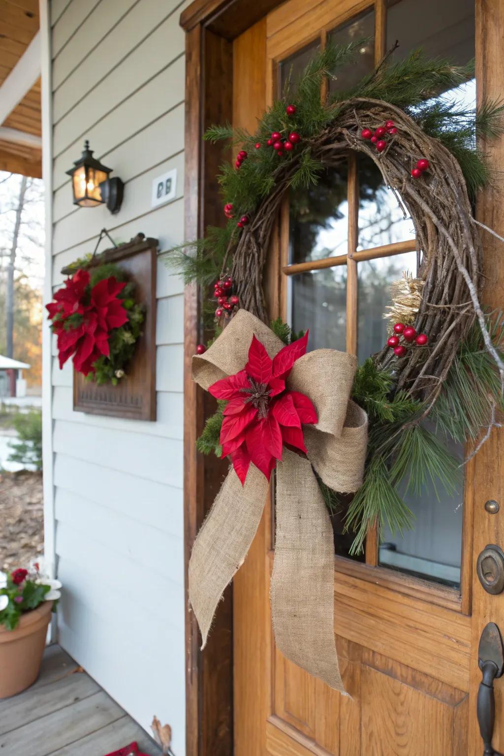 A rustic burlap poinsettia wreath in a farmhouse setting.