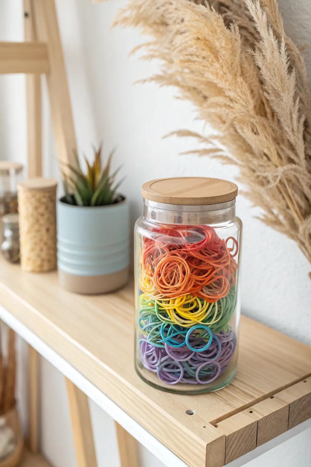 Transform your chaos into a colorful masterpiece with a rainbow of rubber bands, the perfect blend of simplicity and style.