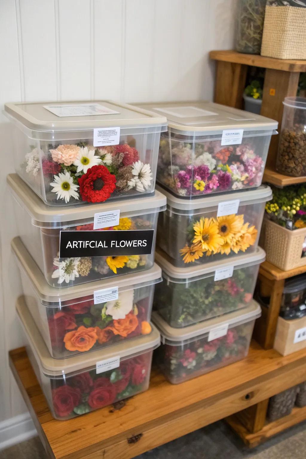 Clear storage bins make it easy to find your favorite faux flowers at a glance.