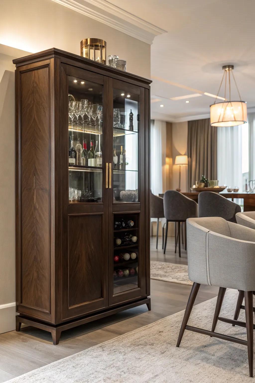 A bar cabinet provides hidden storage for a sleek, clutter-free look.