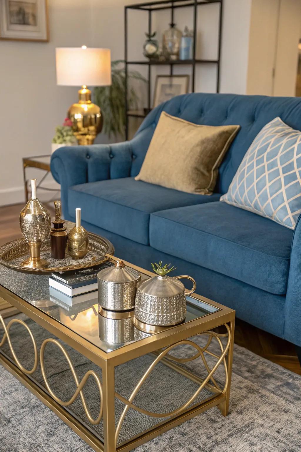 Metallic accents bring elegance and shine to a blue couch setting.