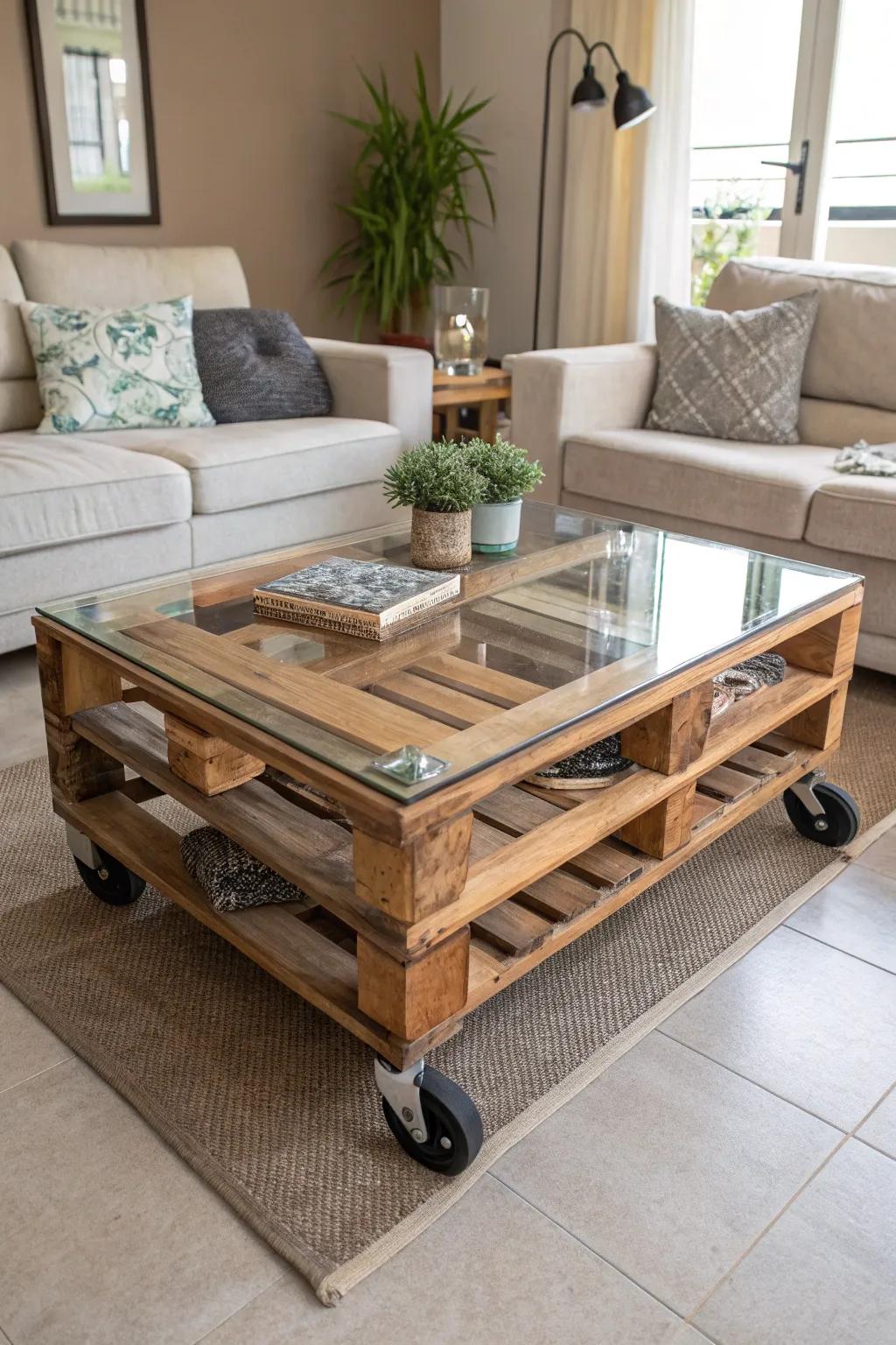 Create a trendy coffee table with recycled pallets.