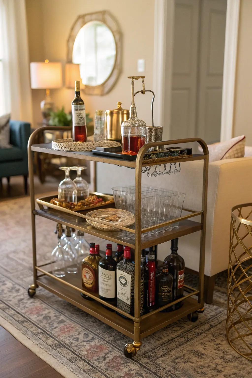 A vintage bar cart adds charm and functionality to the living room.