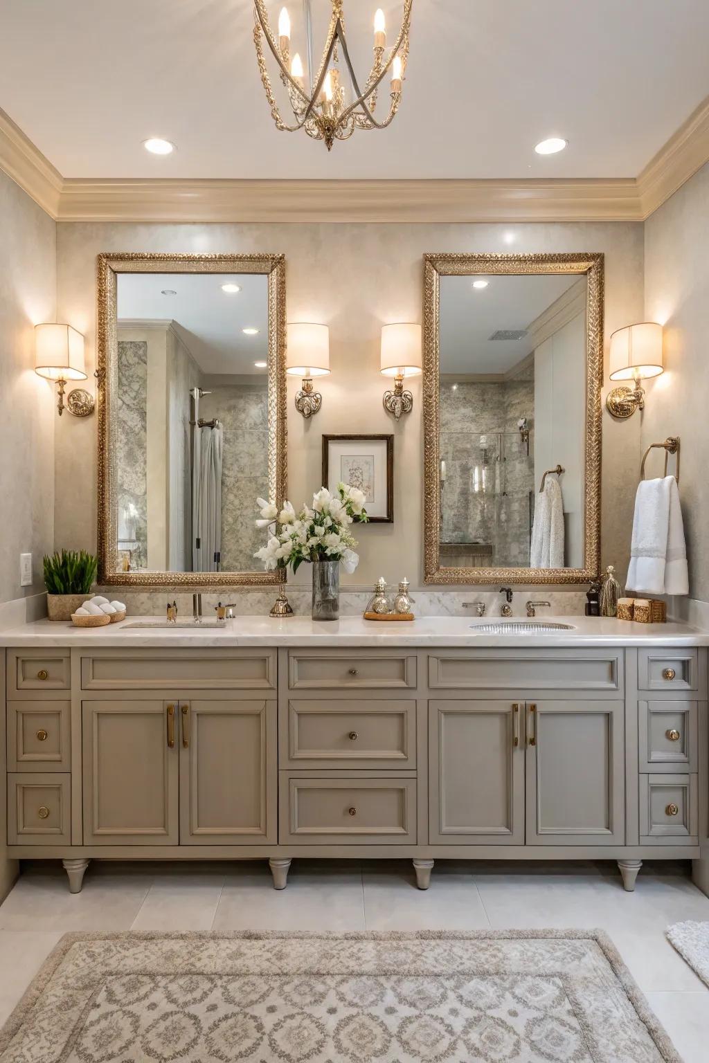 A double vanity provides ample space and elegance in this master bathroom.