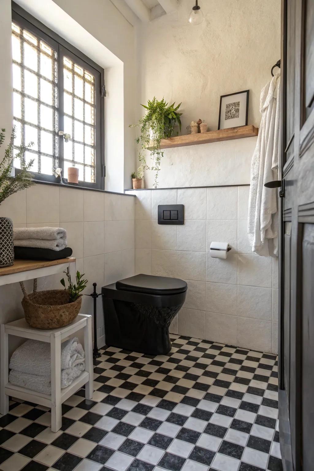 Classic black and white tiles set the stage for a chic bathroom.