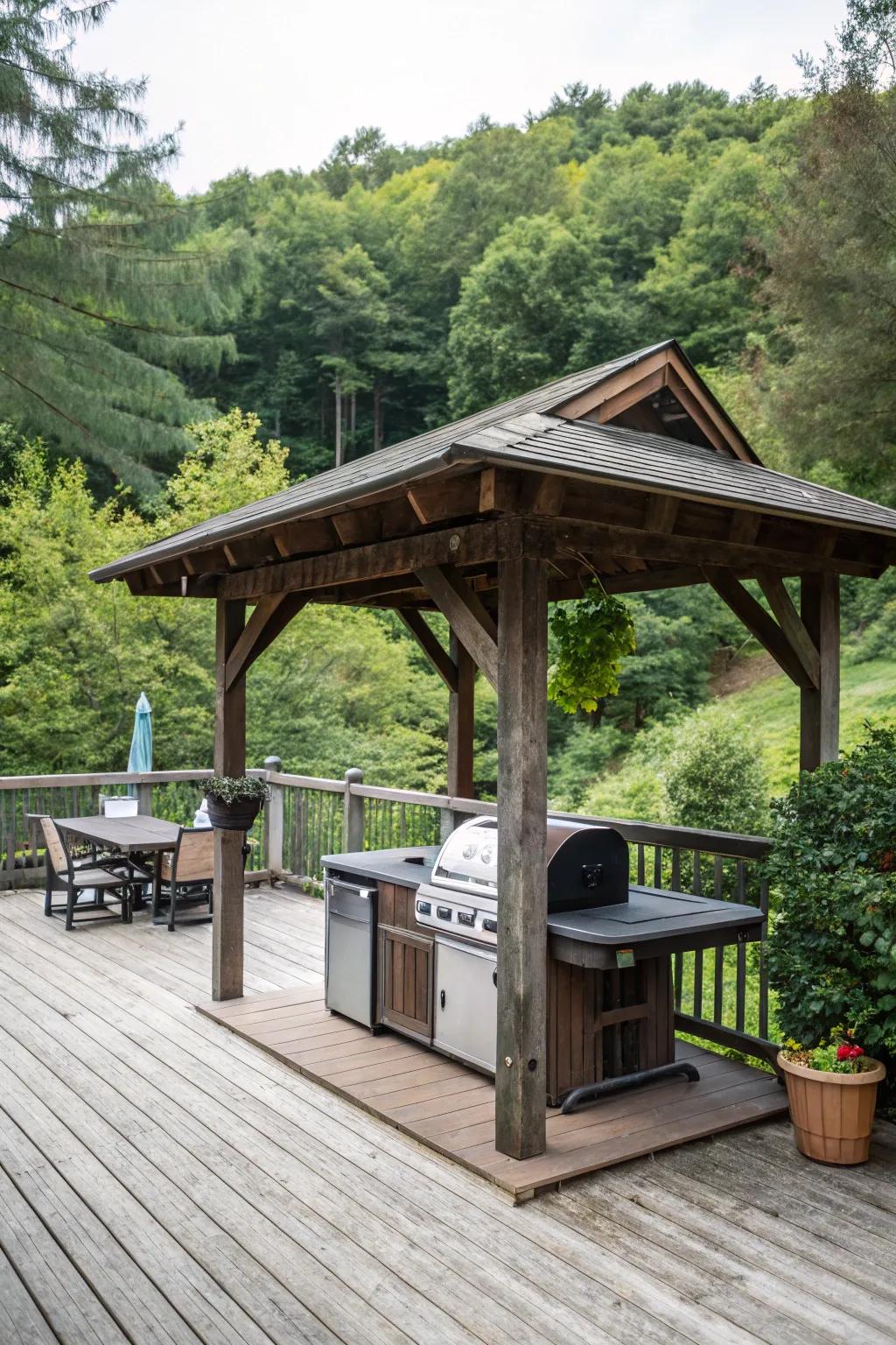 A rustic wooden pavilion adds charm and functionality to your grill area.