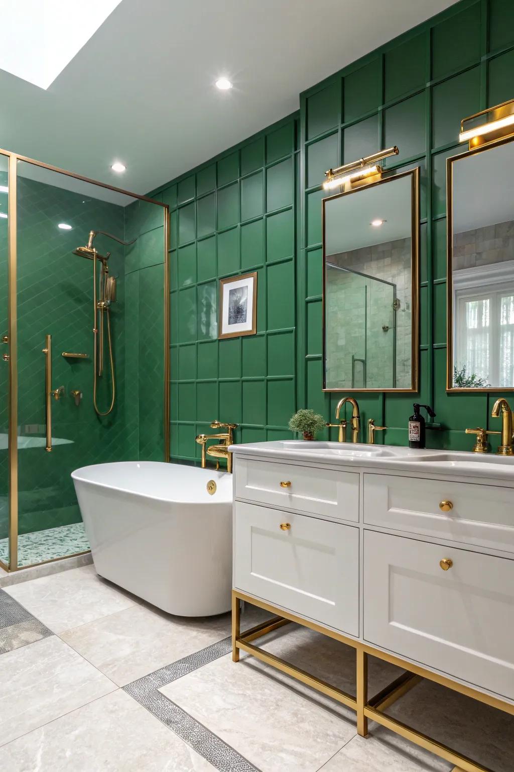 Gold fixtures against green walls offer a modern yet timeless look.