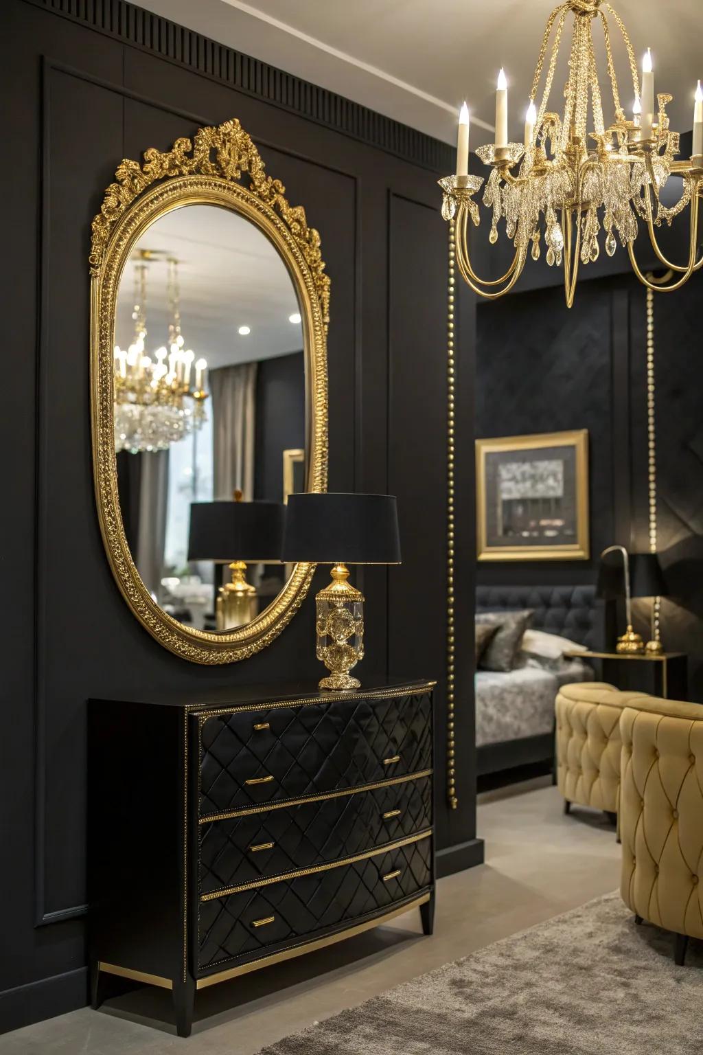 Gold accents add a touch of opulence to this luxurious black bedroom.