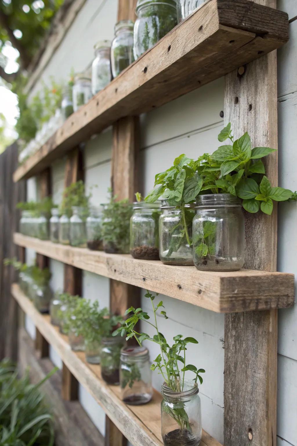 Rustic wooden shelves create a charming propagation wall.