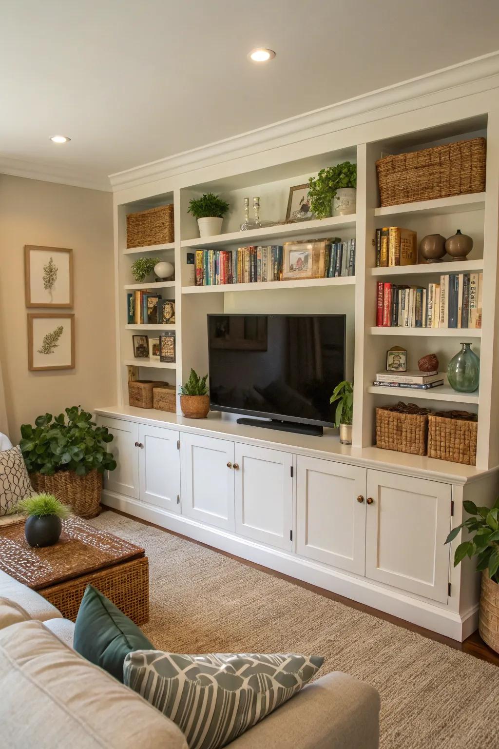 Built-in shelving surrounds the TV, adding functionality and style.