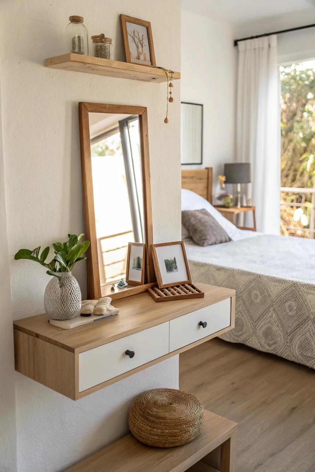 A floating shelf serving as a functional vanity space.