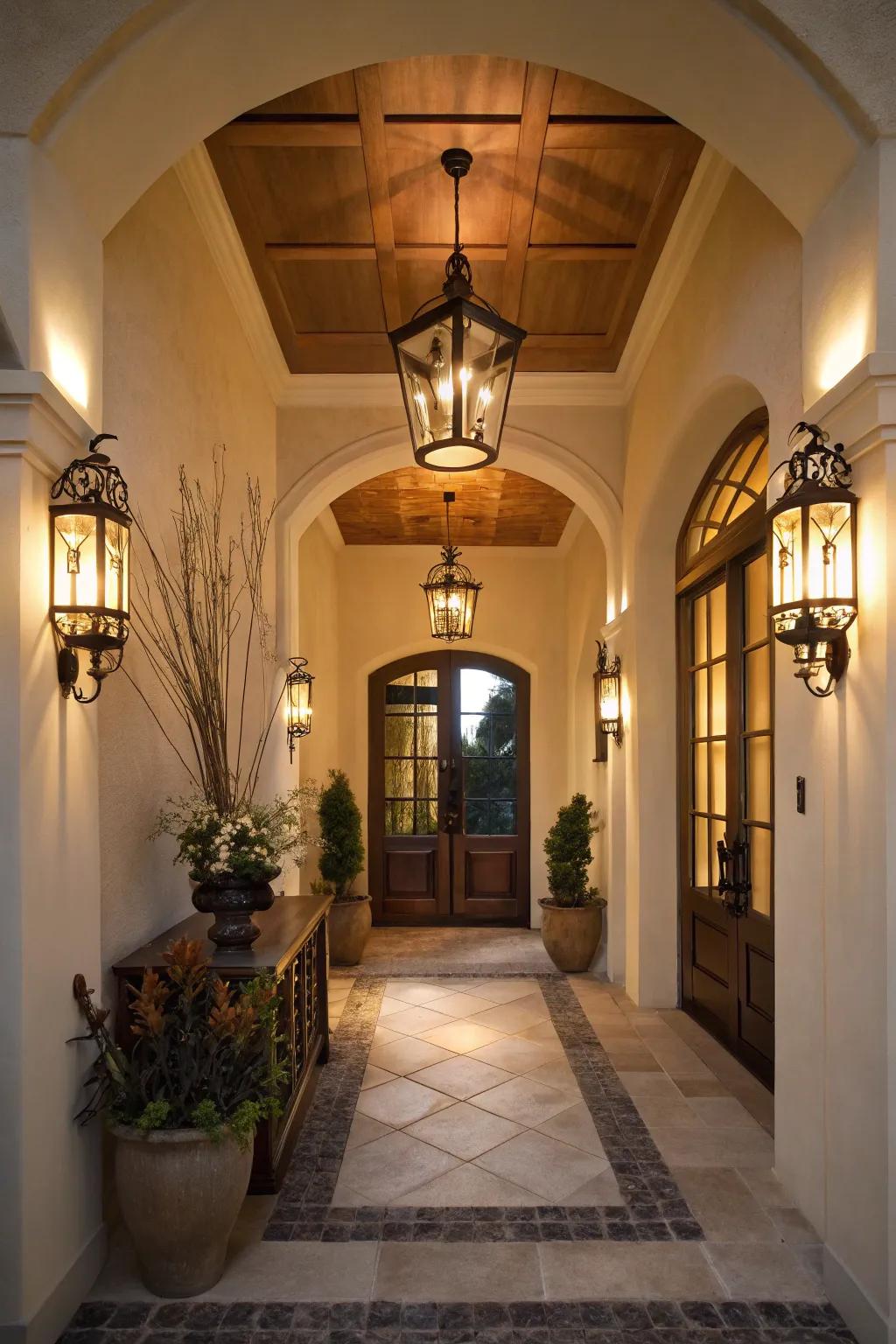 Layered lighting creates a warm and inviting entryway.