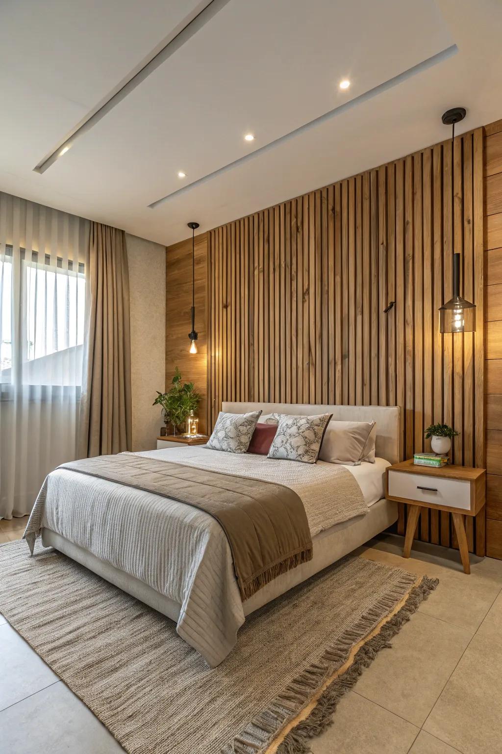 Wooden slats add warmth and texture to any bedroom space.