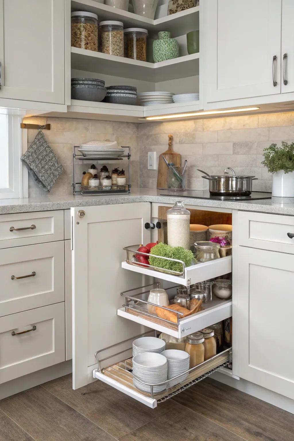 Illuminate and organize your corner with swinging pull-out shelves.