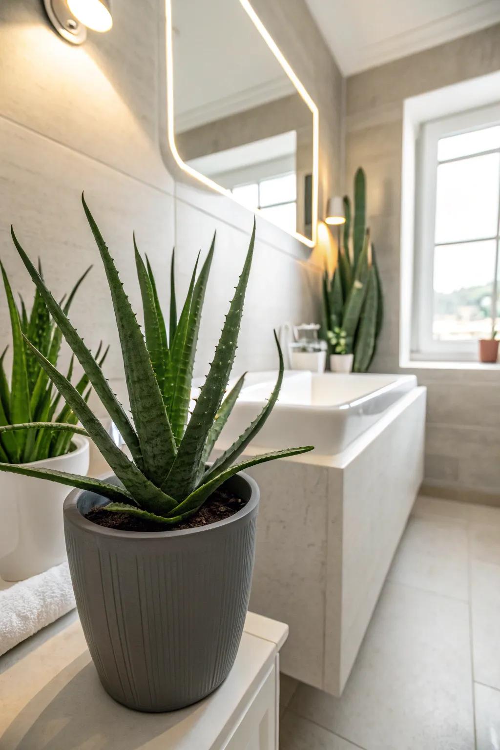 Aloe Vera thrives in the humid, low-light conditions of a bathroom.