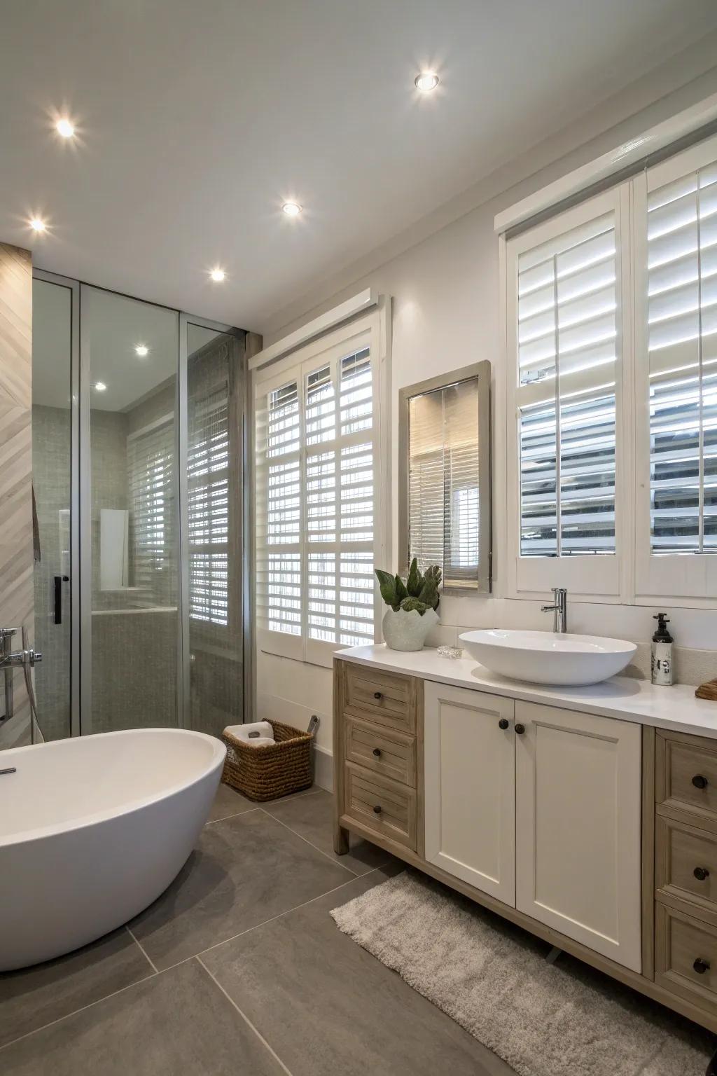 Vinyl shutters offer durability and style, ideal for humid bathroom environments.