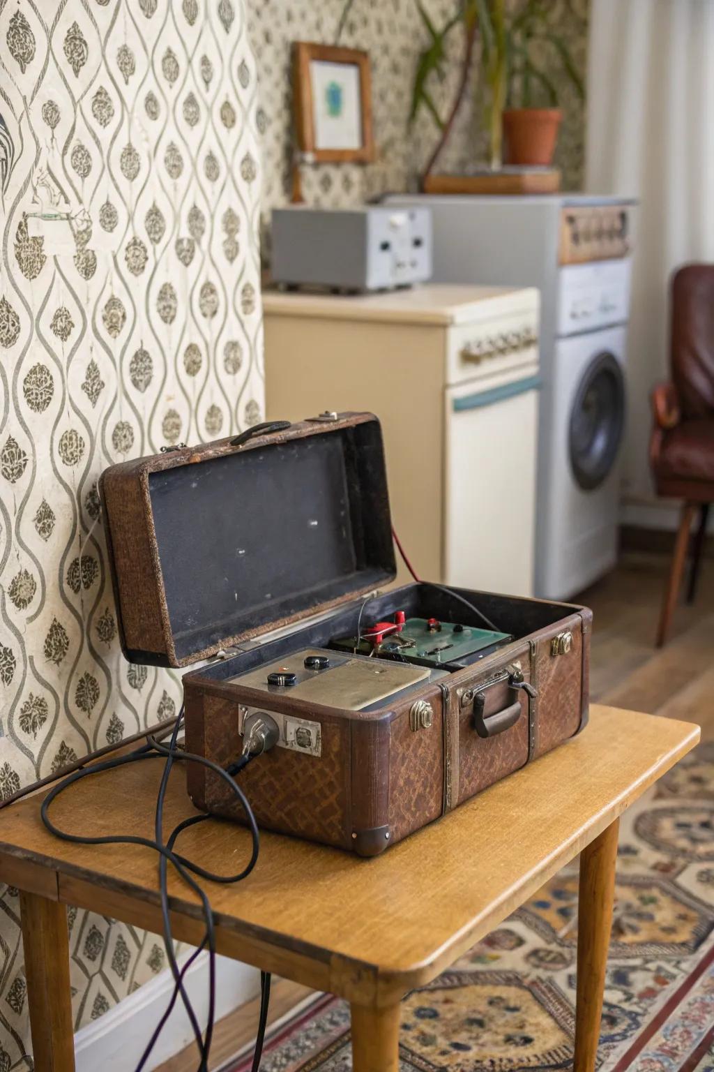 Add a vintage touch with a suitcase turned battery storage.