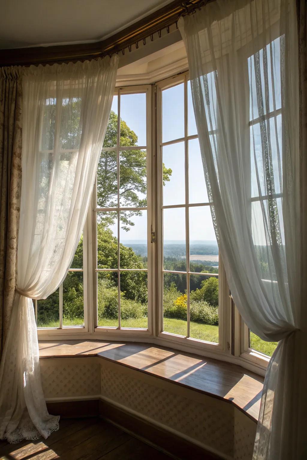 A single curtain rod elegantly frames the bay window view.