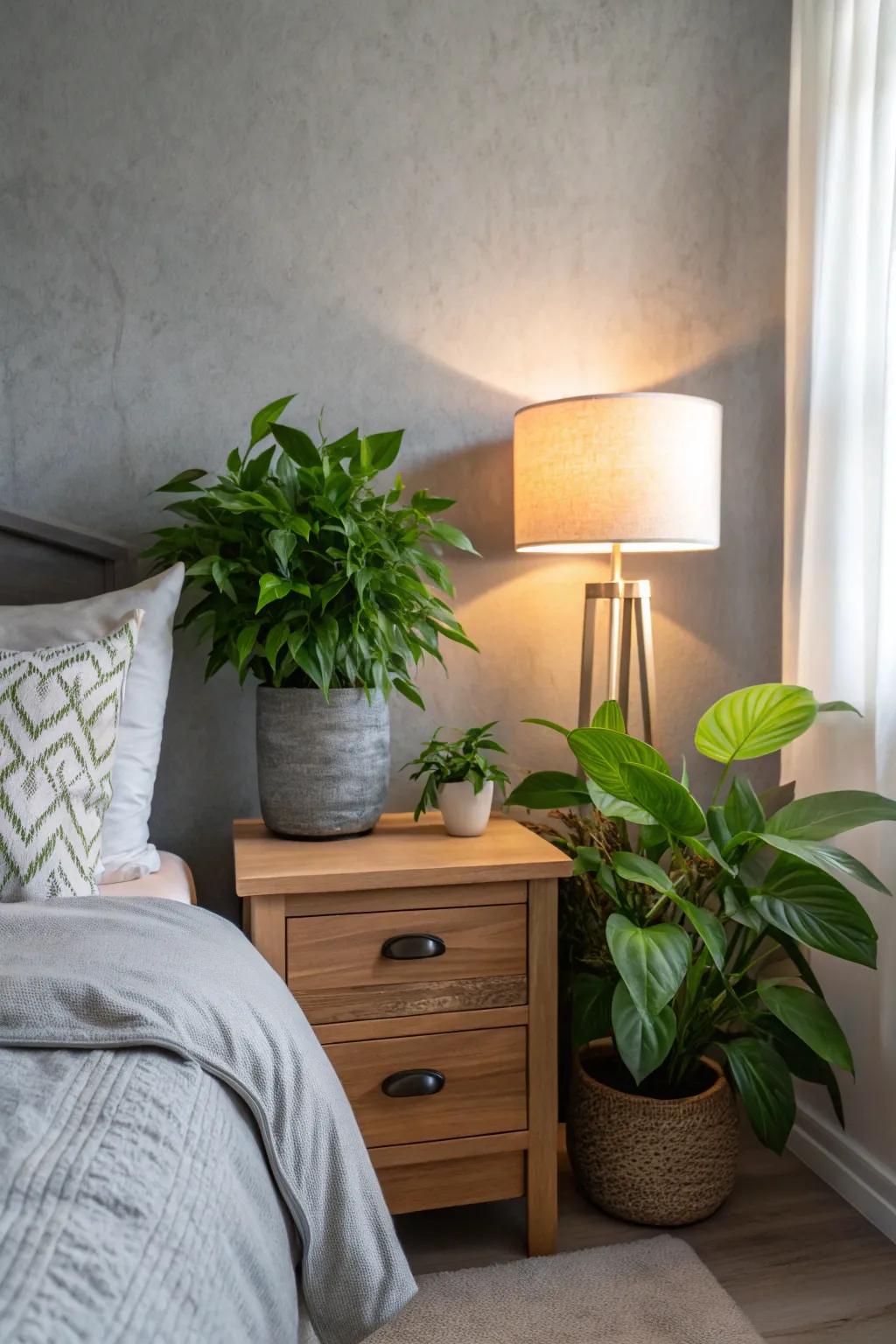 Green plants add a lively pop of color to gray bedrooms.