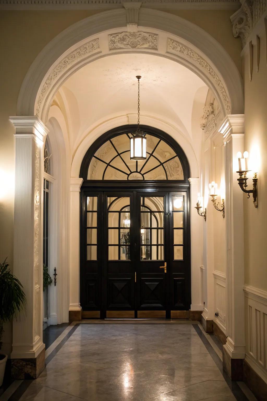 An arched black door that stands out as a stunning architectural feature.