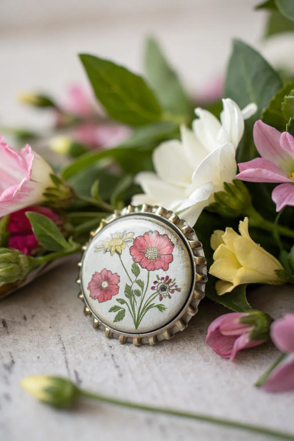 Floral decoupage bottle cap pins add a touch of nature to any outfit.